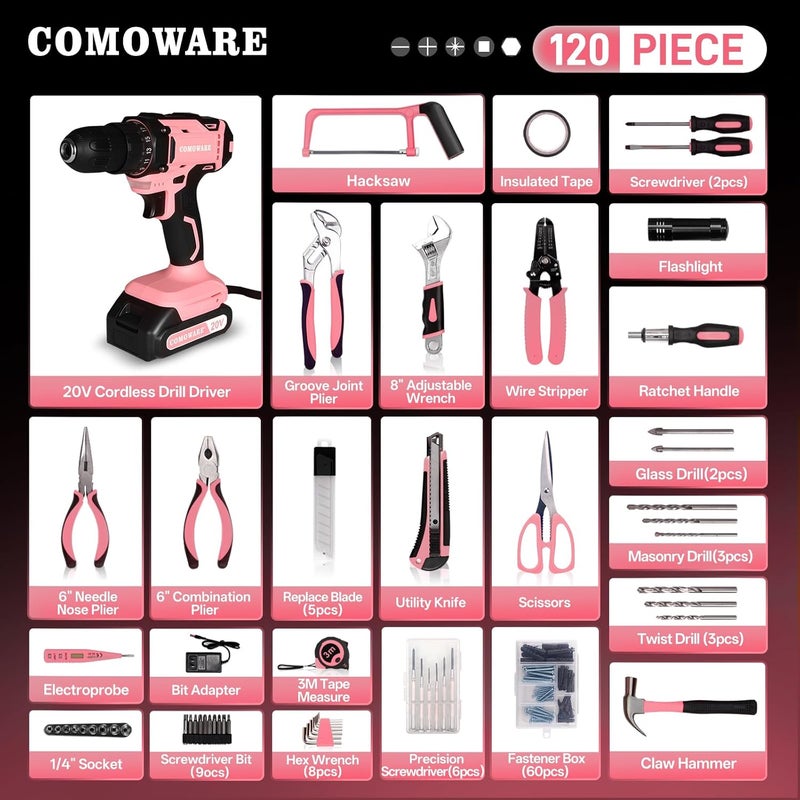 COMOWARE Pink Household Tool Set with 20V Cordless Drill Driver, 120Pcs Hand Tool Kit for Women, Power Drill Set with Plastic Toolbox, Ideal for Office, Garden, DIY Project - Image 2